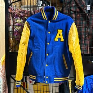 Vintage Varsity Jacket- Blue w/Yellow Leather Sleeves “A” Chest Patch